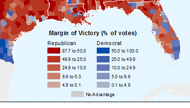 A legend titled "Margin of Victory (% of votes)", with two columns labeled "Republican" and "Democrat". Each column lists several numerical ranges and a color shade corresponding with the range, Republican showing shades of red, and Democrat showing shades of blue.