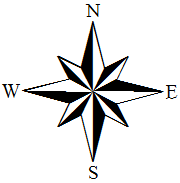 An eight pointed star, the top point is labeled N, the right point labeled E, the bottom point labeled S, and the left point labeled W.