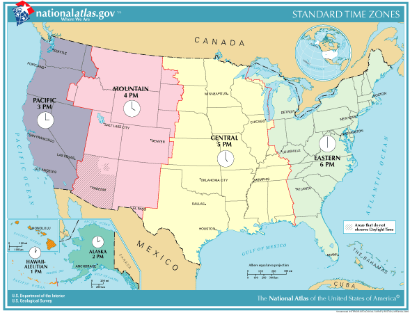 A map of the United States, color coded and labeled for each time zone.
