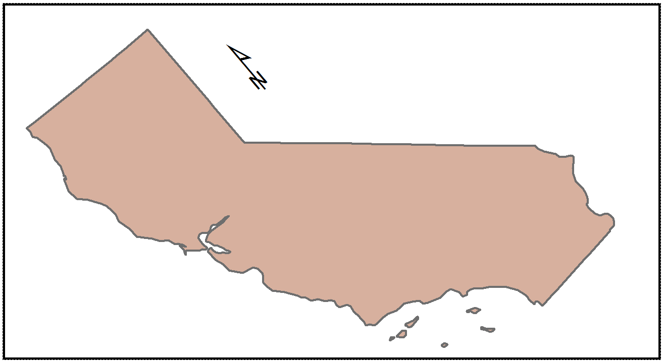 A tilted map of California, an arrow labeled N points North for direction.