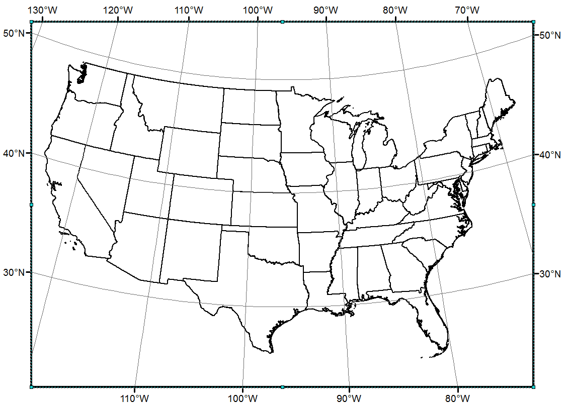 A black and white map of the United States, with lines running vertical and horizontal to represent longitude and latitude.