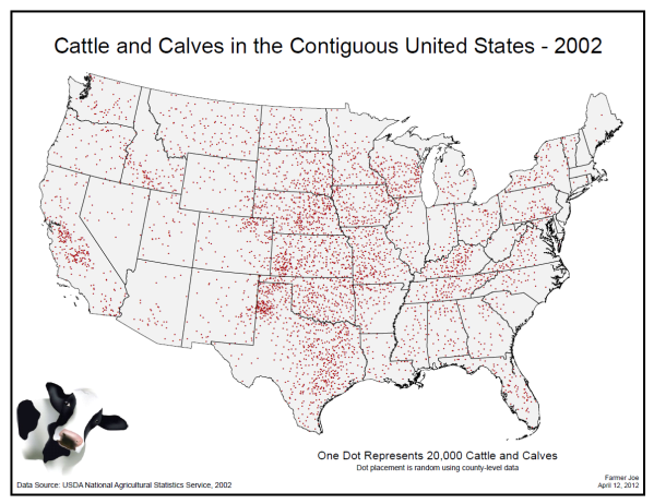 A map of Cattle and Calves population represented by red dots, in the United States framed by a fine black square.