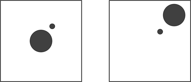 Two squares each containing a large black circle and a small black circle. The left square has the large black circle in the geometric center with the small circle to the top right of it. The right square has the large black circle in the top right corner with the small circle to the bottom left of it.