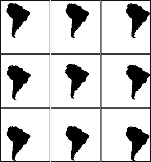 Nine white squares, each containing the shape of South America, laid out in a 3 by 3 grid. The center square has South America centered, while the other squares have South America non-centered in various ways.