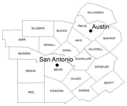 A map showing all counties labeled surrounding San Antonio, and Austin, Texas.