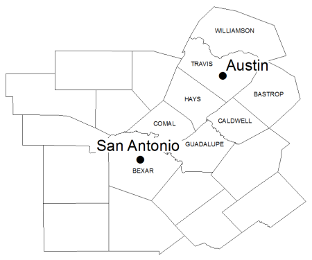 A map showing only counties labeled between San Antonio, and Austin, Texas.