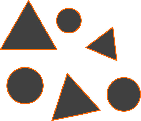A group of three circles and three triangles varying in size.