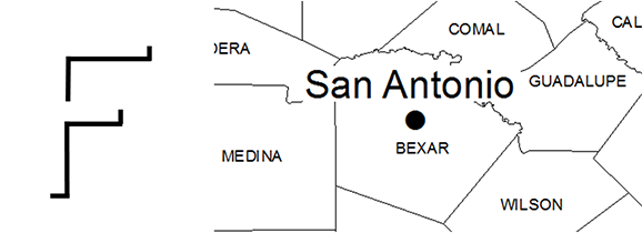 On the left of the image an unfinished letter F appears; on the right is a close up of an outline of San Antonio, Texas.
