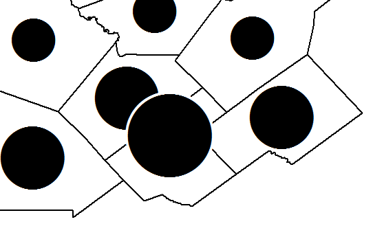 Close up portion of a map divided by county, large black circles in the center of each county overlap each other.