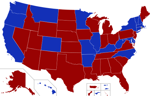 Map of the U.S., some states are colored red while some are blue.