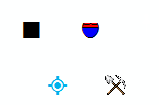 Symbols found on a map. Black square, Interstate sign, blue crosshairs and a shovel/pick-axe crossed.