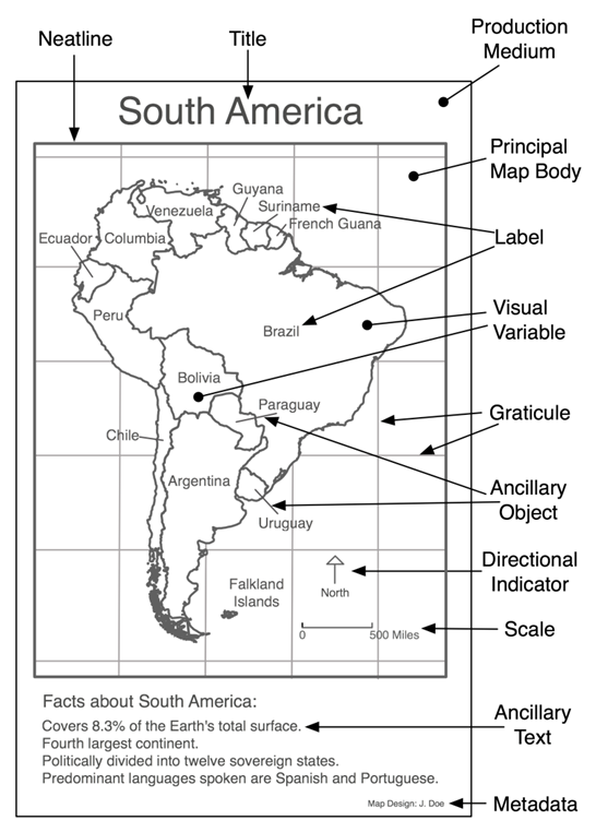Sample map of South America, with the different map elements labeled.