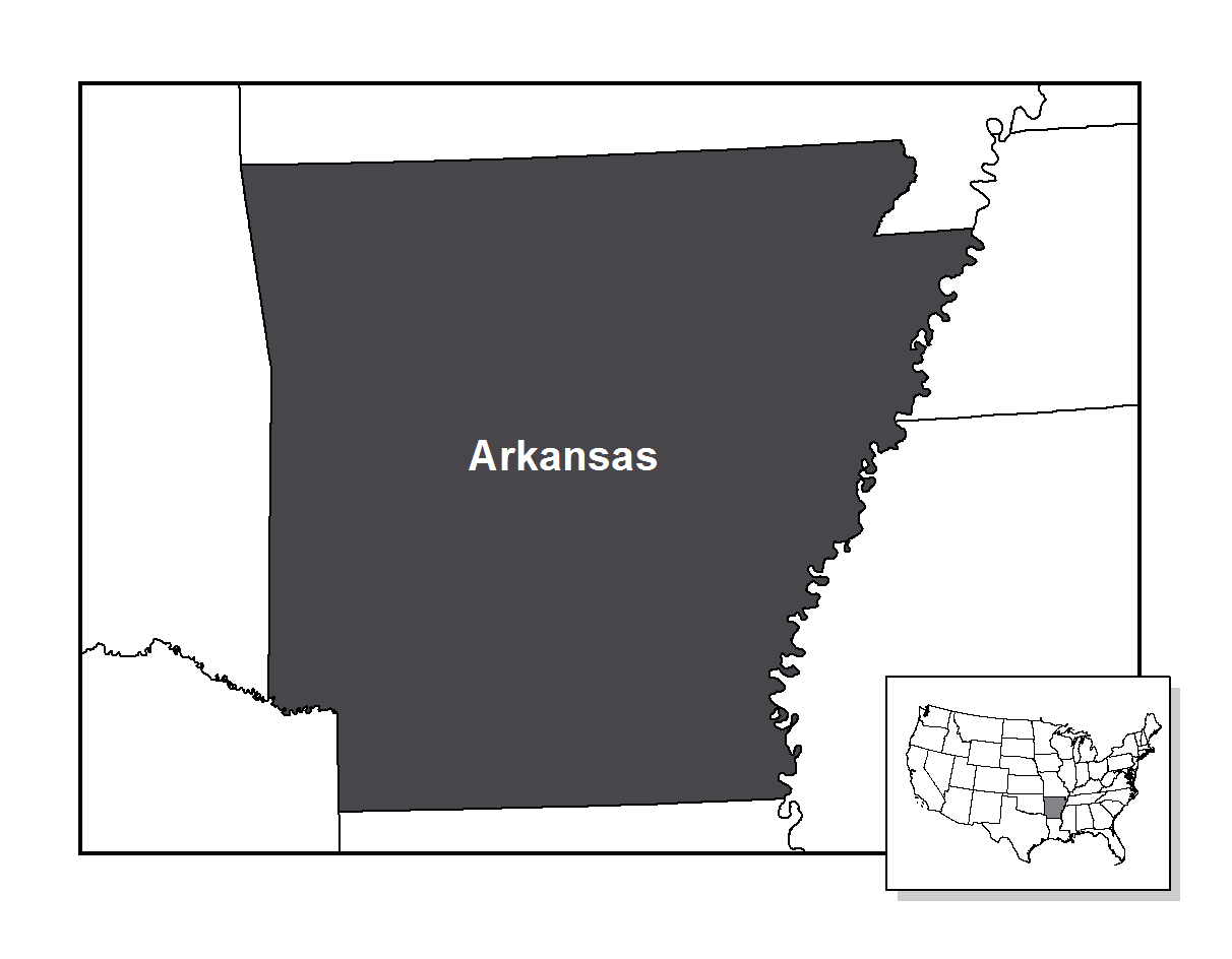 The lower right hand image is the map of the United States with the state of Arkansas highlighted. The center of the image is a close up image of the map showing only the state of Arkansas and the outlines of the surrounding states.