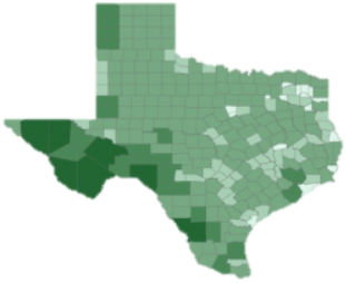 Map of Texas with counties colored in shades of green.