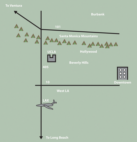 Mental Map of Los Angeles showing LAX, Downtown, UCLA, Santa Monica Mountains, and several freeways.