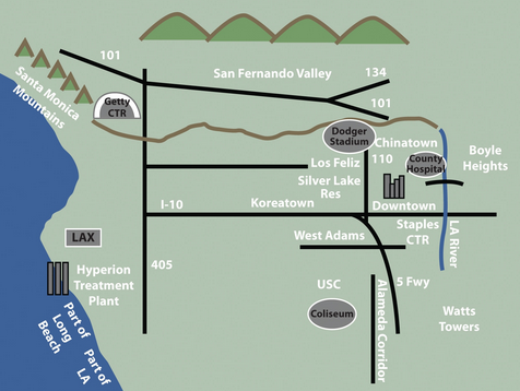 Mental Map of Los Angeles showing multiple freeways and landmarks.