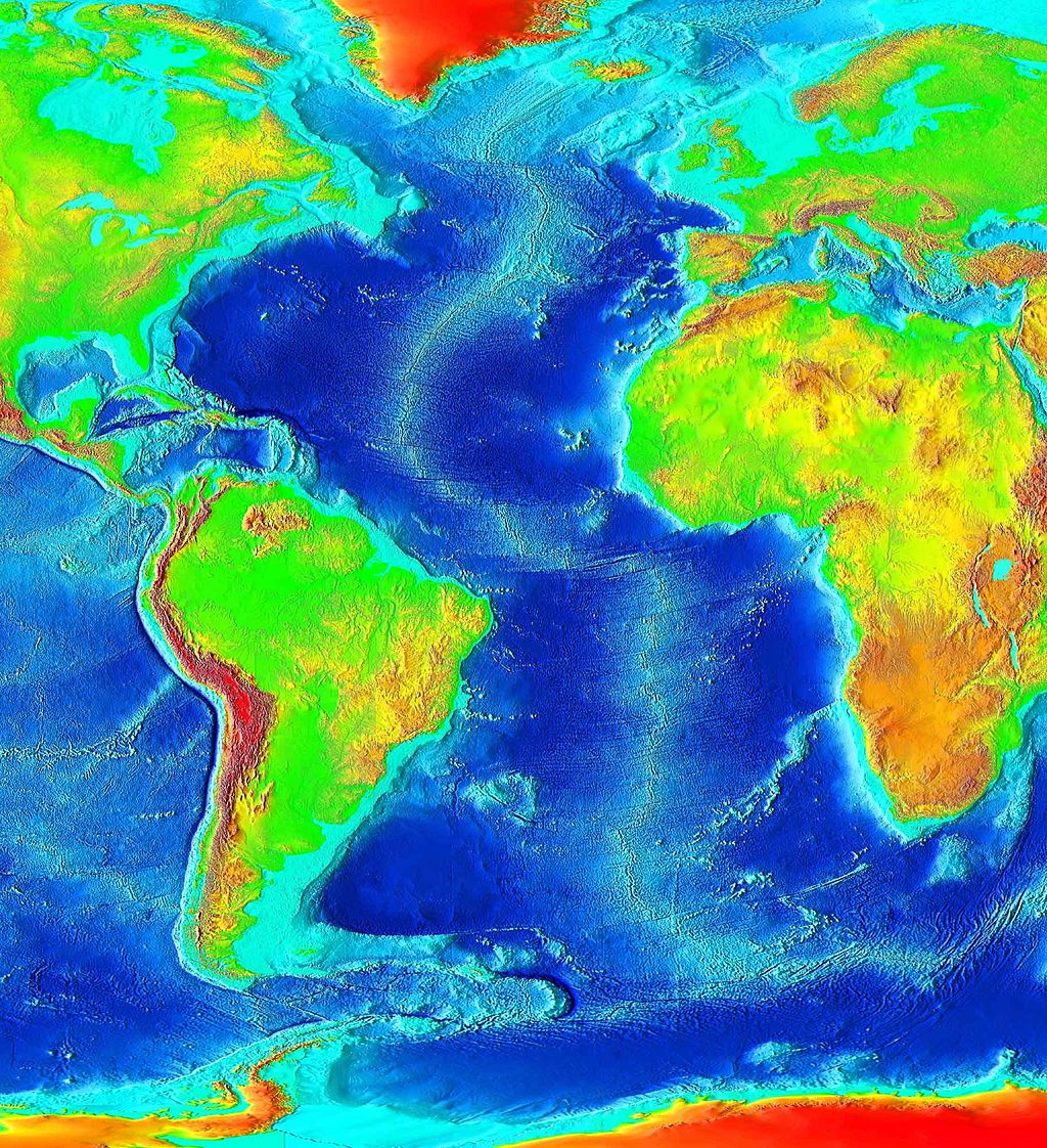 Map highlighting the Mid-Atlantic Ridge, which is in the middle of North America, South American AND Europe, Africa.