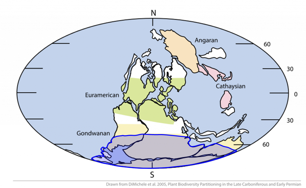 Map of ancient Earth with Pangaea supercontinent assembled with a lot of land localized over the Southern hemisphere. There, the Karoo ice age caused glaciation to cover a significant portion of the landmass. 