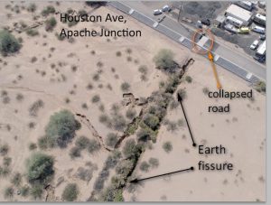 Drone picture of an earth fissure intersecting a road