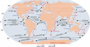 Illustration of the world oceans showing rotation of the ocean gyres in each hemisphere.