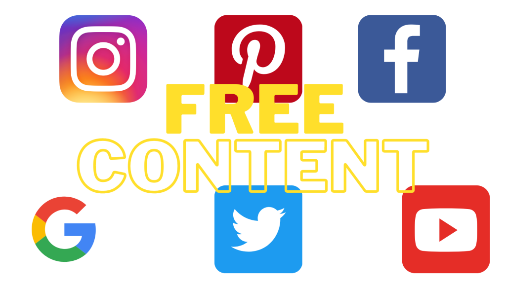 Logos from Instragram, Pinterest, Facebook, Google, Twitter, and YouTube, with the Text Free Content