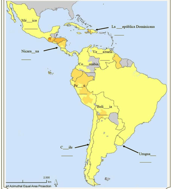 Map of Latin America. There are some countries that are missing a letter in their name. Students need to write the missing letter and write out in Spanish.