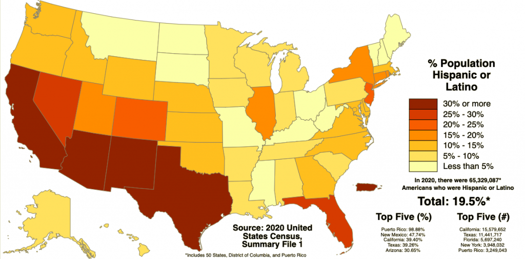 U.S. map showing Hispanic and Latino American by state