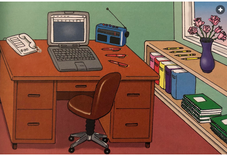 An office with a desk, chair, phone, books, computer, pencils, a door, a window