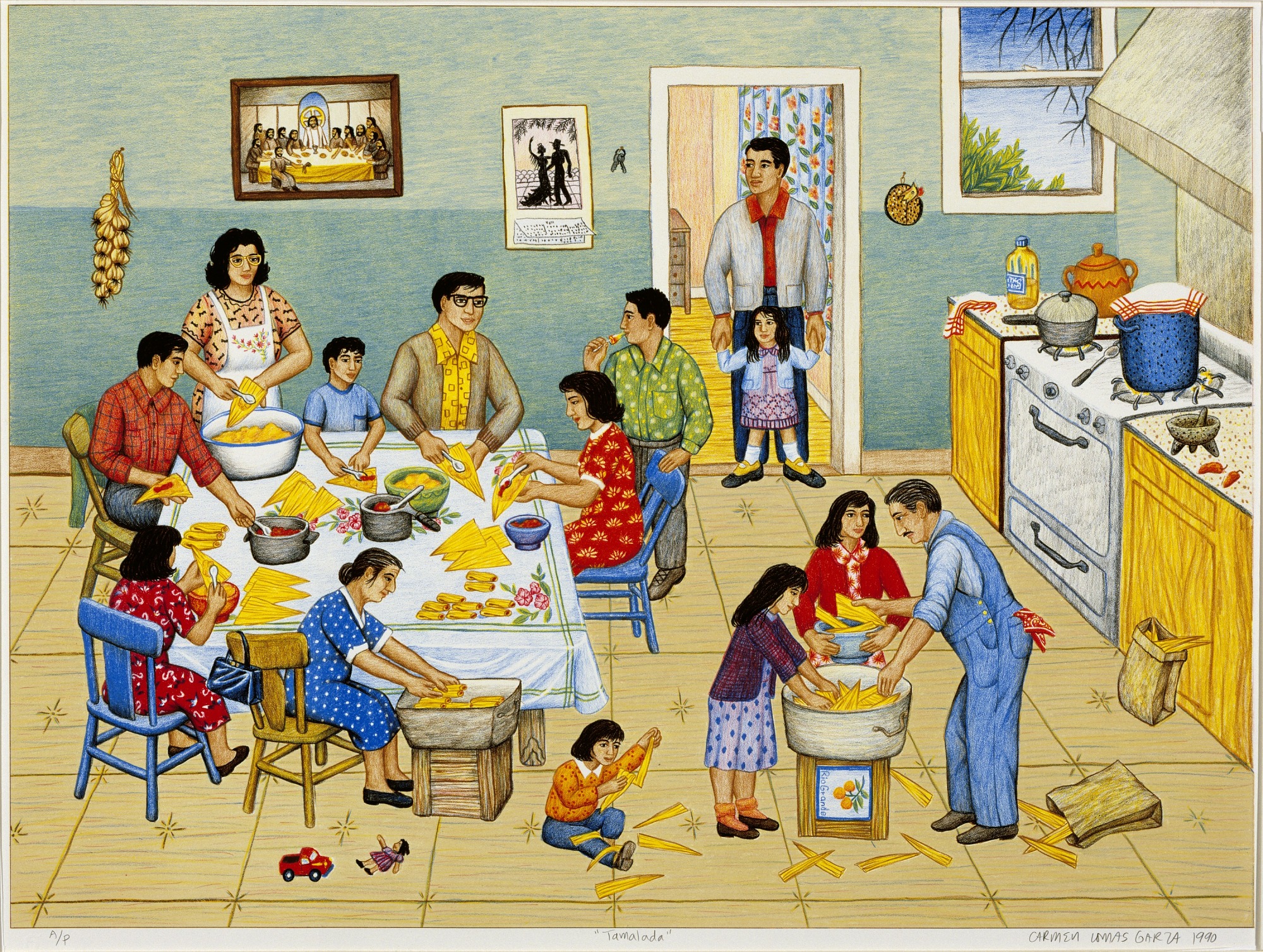 painting by Carmen Lomas Garzas depicting a Mexican family preparing tamales