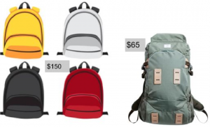 5 backpacks with different prices