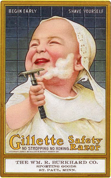 A baby shaves its face in a Gillette ad from the early 1900s