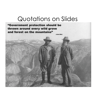 Image depicting two men standing in front of a mountain with the quote, "Government protection should be thrown around every wild grove and forest on the mountains."