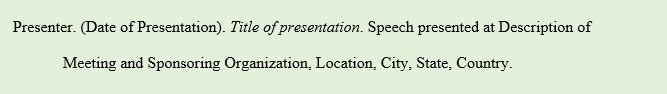 Presenter. (Date of Presentation). Title of presentation. Speech presented at Description of Meeting and Sponsoring Organization, Location, City, State, Country.