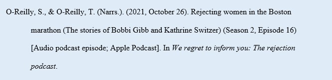 O-Reilly, S., & O-Reilly, T. (Narrs.). (2021, October 26). Rejecting women in the Boston marathon (The stories of Bobbi Gibb and Kathrine Switzer) (Season 2, Episode 16) [Audio podcast episode; Apple Podcast]. In We regret to inform you: The rejection podcast.