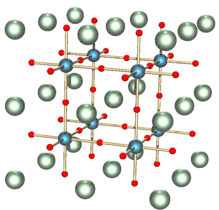 Diagram of the perovskite atomic structure, which appears as a repetitive pattern of spheres, found in the lower mantle.