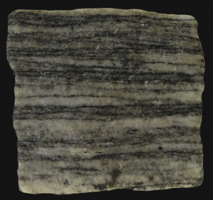 Gneiss Interactive Model. Gneiss has lineation/banding of black and white minerals and is heavily foliated.