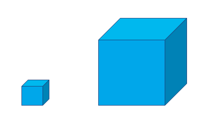 Small cube of ice on the left and a large cube of ice on the right.