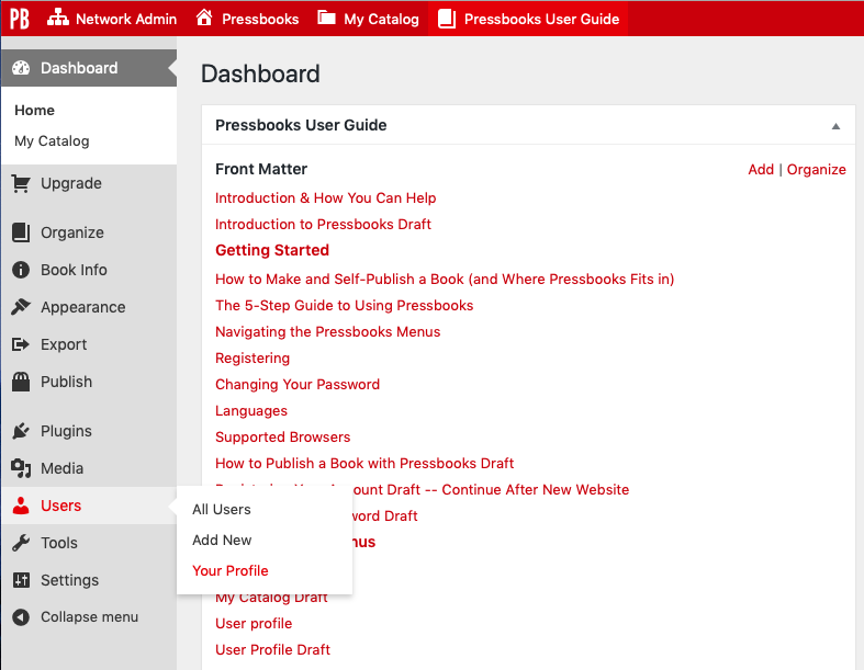 Navigate to Your Profile from the Users tab on the left sidebar menu in Pressbooks