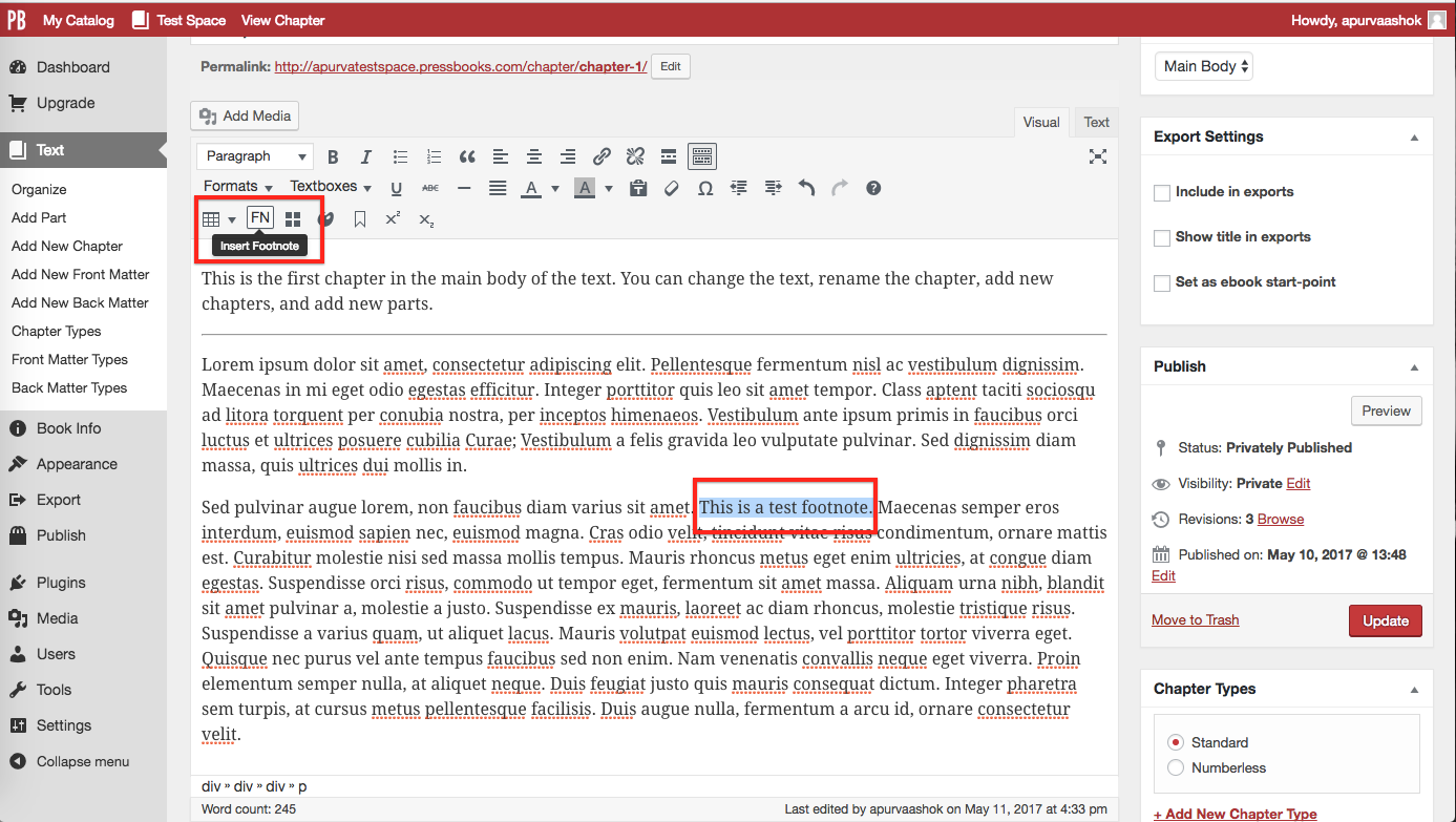 Highlight footnote text and click "FN" button