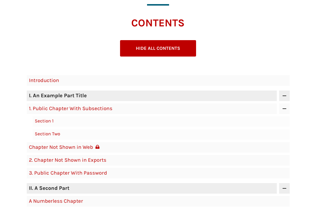 The webbook table of contents on the homepage
