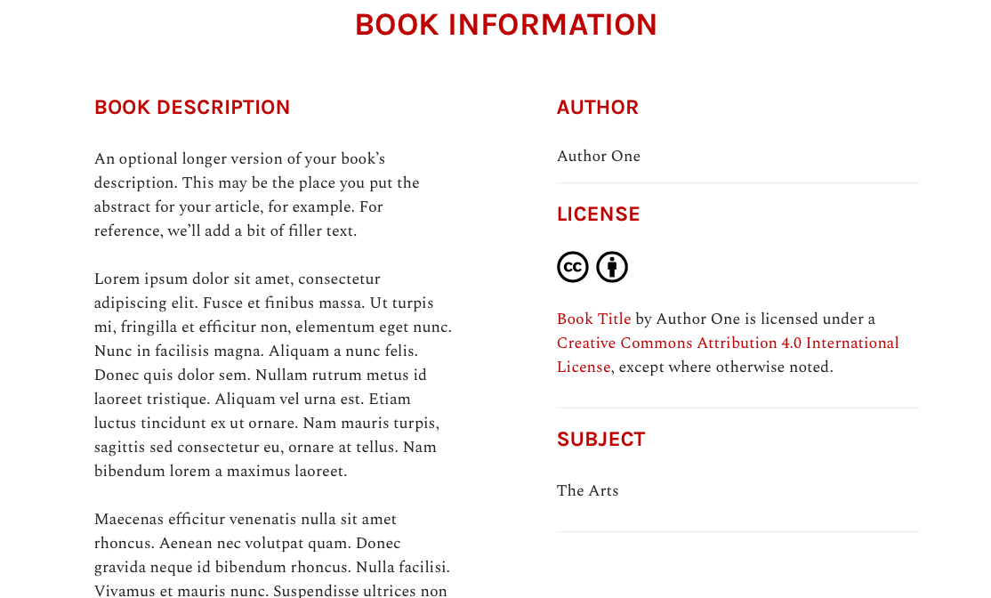 Book Information section of the webbook homepage