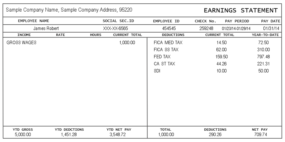 sample earnings statement with details regarding tax information and wages