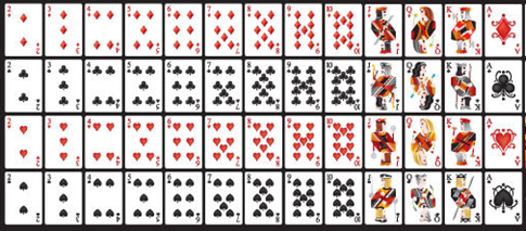 Image of a full deck of playing cards, each card is organized by type and color, red diamonds, black clubs, red hearts, and black spades