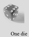 a single die, displaying the 6, 3, and 5 sides respectively