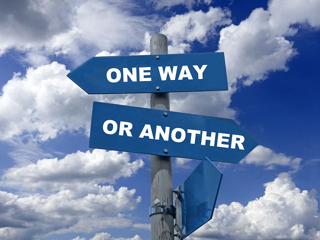 two blue arrows on a pole pointing opposite directions, cloudy sky background. white text on top arrow reads one way and bottom arrow reads or another