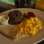 Typical breakfast in Costa Rica: eggs, rice and beans.