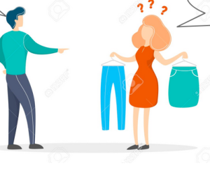 two people deciding clothing items