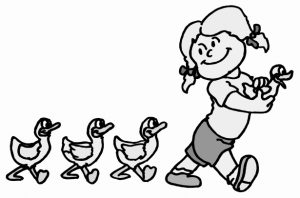 cartoon girl leads 3 ducks, holding another in her hand