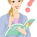 Cartoon woman holding a book, a question mark is beside her