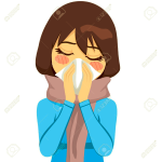 cartoon woman sneezing into a tissue